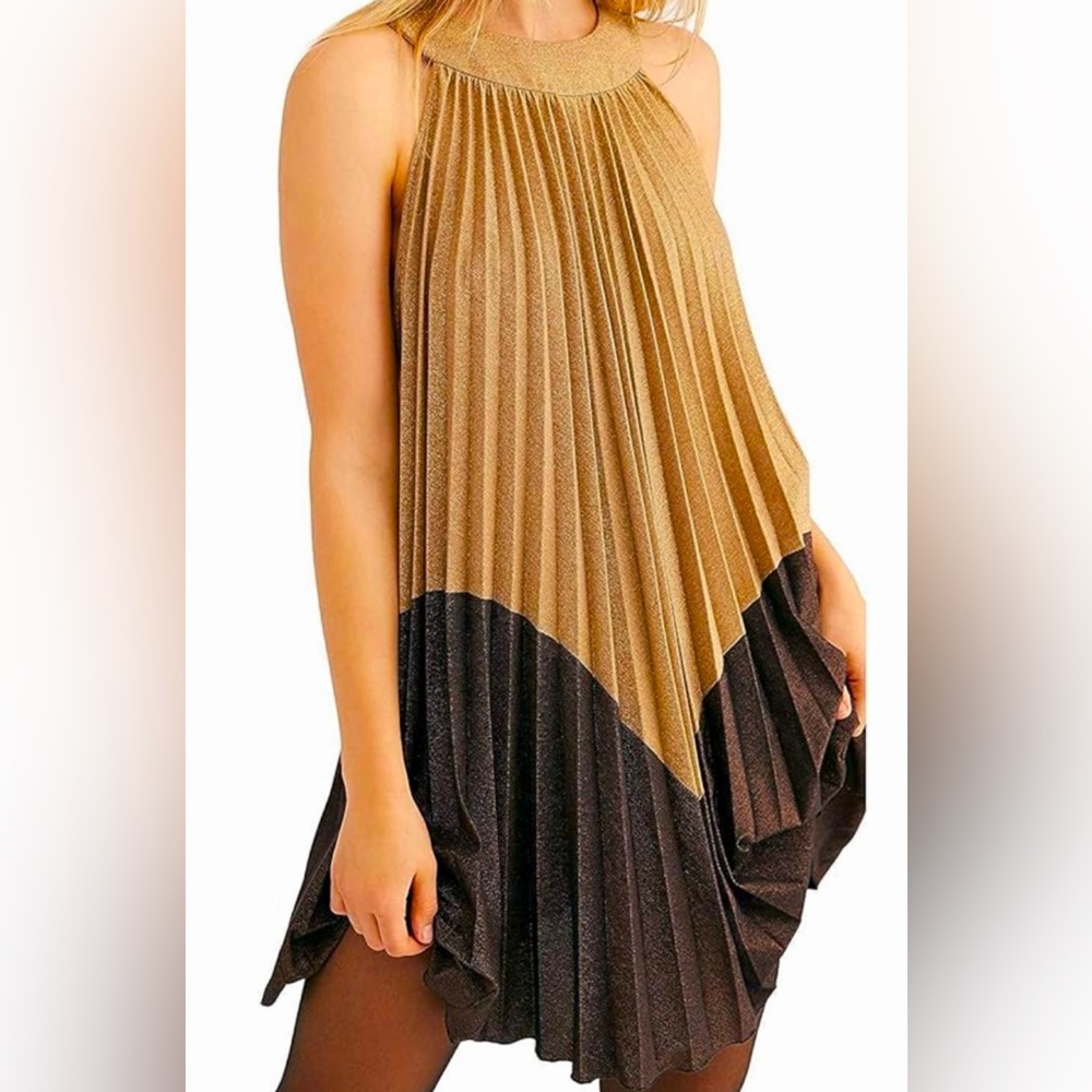 Free People Women’s Pleated Mini Metallic Dress, Gold and Chocolate Brown.